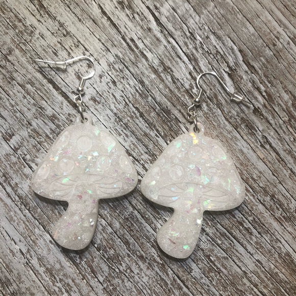 Mushroom Earrings - Handmade Pearlescent & Iridescent Rainbow Confetti - Picture 3 of 8